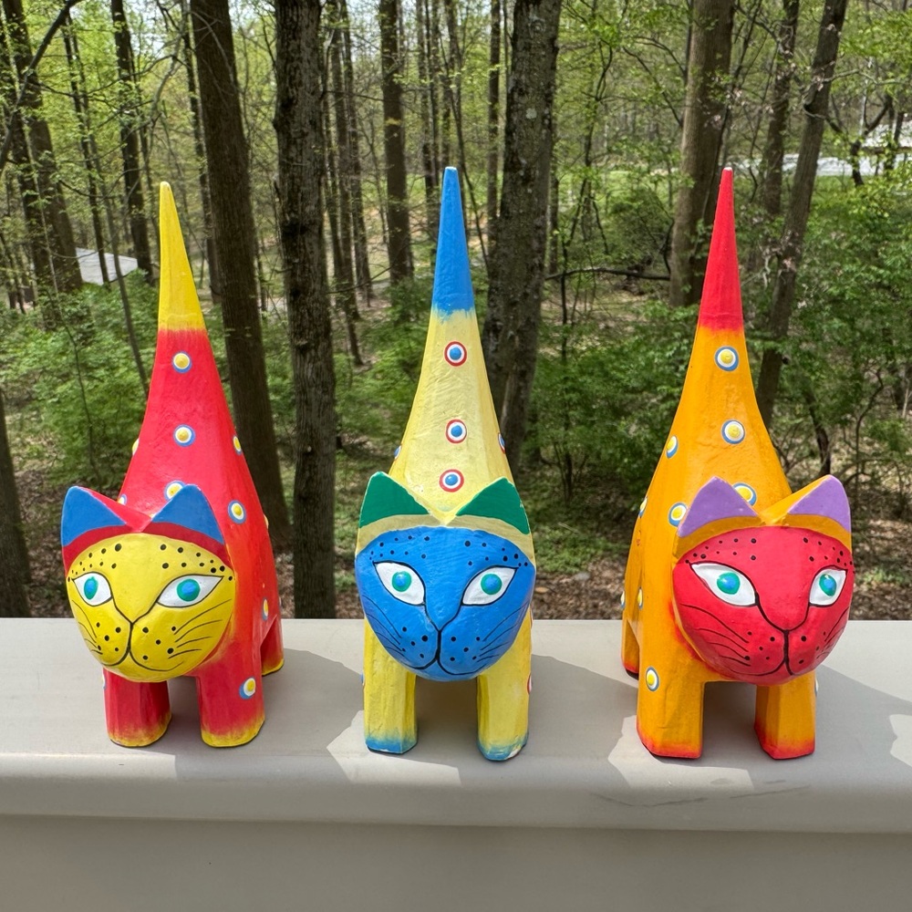 Set of 3 Whimsical Wooden Hand Painted Cats 6”H
